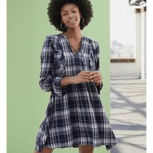 LOFT Navy and White Plaid Ruffle-Trim Long Sleeve Dress